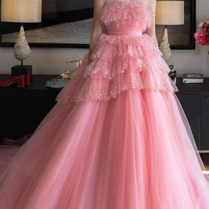 sparkly tiered prom dresses ball gown pink strapless elegant sequin cheap prom gown 2021