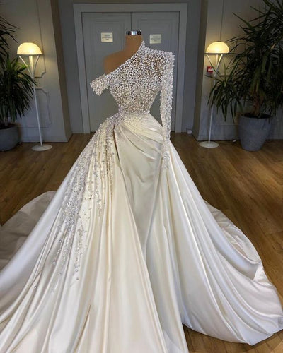 white prom dresses 2020 beaded one shoulder satin elegant detachable skirt prom gown 2021