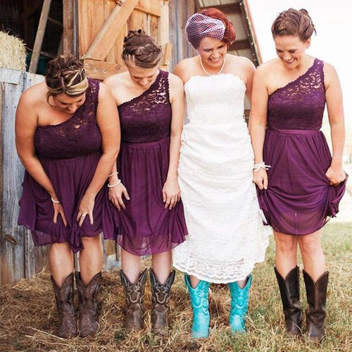 one shoulder purple bridesmaid dresses short 2021 lace chiffon cheap custom grape wedding party dress