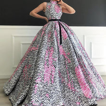 Load image into Gallery viewer, unique ball gown prom dresses zebra print high neck elegant black and white luxury prom gowns