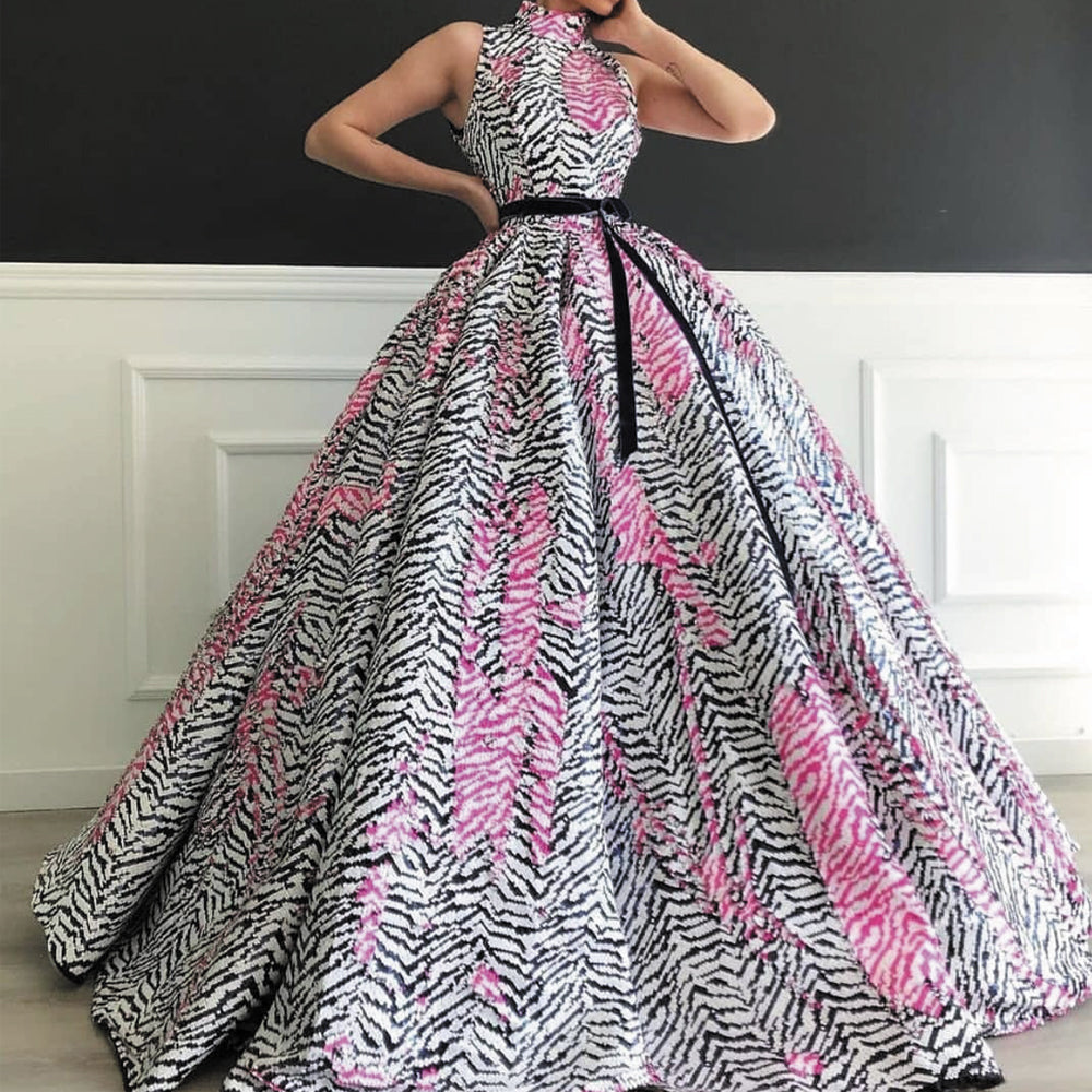 unique ball gown prom dresses zebra print high neck elegant black and white luxury prom gowns