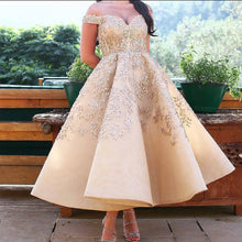 Load image into Gallery viewer, champagne prom dresses 2020 lace applique beaded off the shoulder arabic prom gown 2021