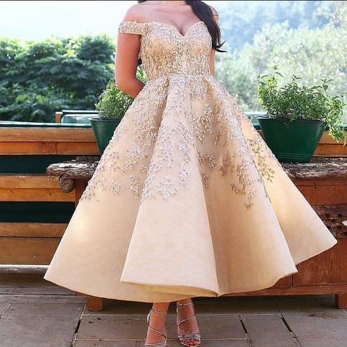 champagne prom dresses 2020 lace applique beaded off the shoulder arabic prom gown 2021