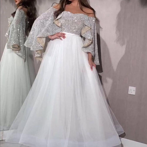 white sparkly prom dresses 2020 off the shoulder tulle elegant Dubai arabic prom gown 2021