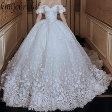 Load image into Gallery viewer, floral wedding dresses ball gown lace appliqué beaded off the shoulder elegant boho wedding gowns