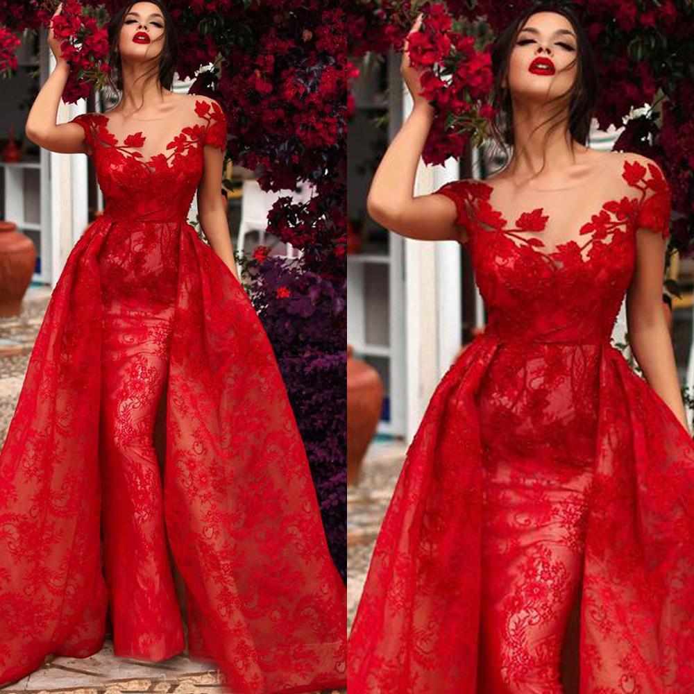 Red Evening Gowns Detachable Train Formal Dresses Woman Party Night  Sweetheart