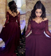 Load image into Gallery viewer, burgundy lace prom dresses long sleeve beaded aplique elegant high low prom gown robe de soiree