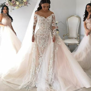 2020 detachable skirt lace wedding dresses for bride champagne long sleeve elegant wedding gowns 2021