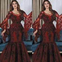 Load image into Gallery viewer, modest evening dresses long flare sleeve lace appliqué Burgundy elegant luxury arabic formal dresses