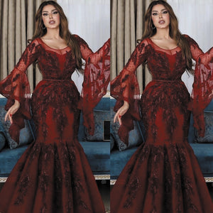 modest evening dresses long flare sleeve lace appliqué Burgundy elegant luxury arabic formal dresses