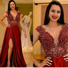 Load image into Gallery viewer, cap sleeve beaded prom dresses long satin burgundy elegant a line prom gown 2021 robe de soiree