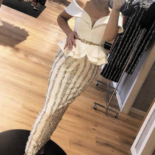 Load image into Gallery viewer, modest evening dresses long sparkly beaded off the shoulder off white elegant evening gown