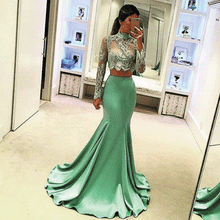 Load image into Gallery viewer, 2 piece prom dresses lace appliqué mint green evening dresses high neck elegant mermaid evening gown