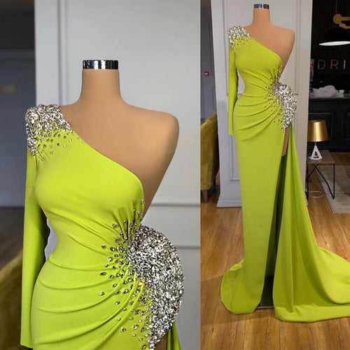 lime green evening dresses long one shoulder beaded unique modest sparkly evening gown