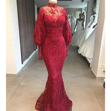 Load image into Gallery viewer, high neck Burgundy evening dresses long sleeve lace appliqué 3d flowers elegant evening gown vestido de festa