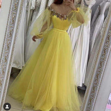 Load image into Gallery viewer, yellow prom dresses long flare sleeve beaded a-line elegant prom gown 2021 Vestido de fiesta