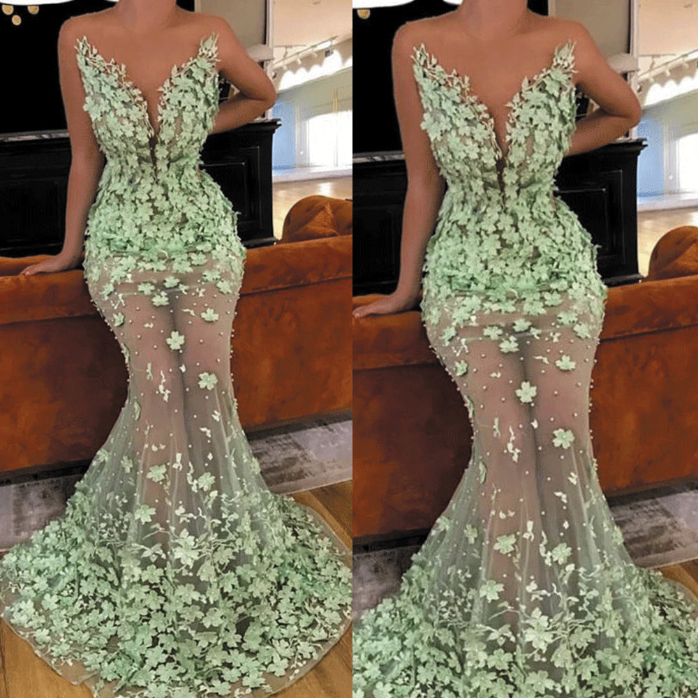 sexy evening dresses long mermaid mint green 3d flowers lace appliqué evening gown 2020 vestido de Longo