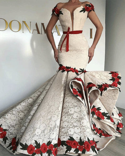 embroidery appliqué evening dresses long mermaid lace applique ivory elegant luxury evening gown