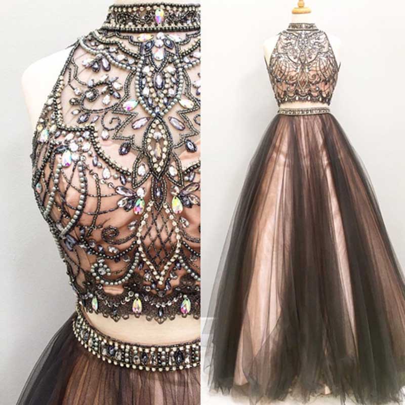 2 piece prom dresses 2020 high neck beaded crystals black cheap prom gown vestido de Longo