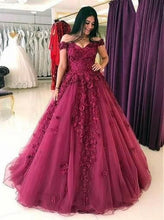 Load image into Gallery viewer, off the shoulder burgundy prom dresses long lace applique elegant prom gown pageant dresses for women