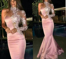 Load image into Gallery viewer, high neck sexy formal dresses long sleeve one shoulder lace applique beaded pink evening dress vestidos de fiesta