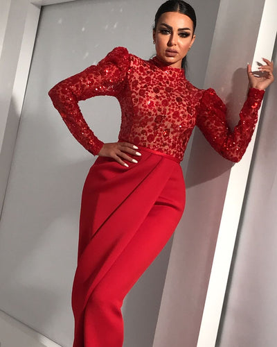 puffy sleeve red evening dresses long sleeve high neck sparkle elegant evening gown arabic