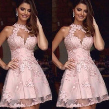 Load image into Gallery viewer, pink lace applique prom dresses short knee length sleeveless cheap graduation dresses 2021