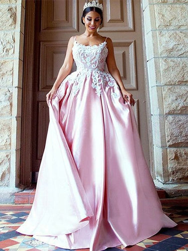 pink prom dresses 2021 spaghetti strap lace applique a line satin cheap prom gown vestido de fiesta