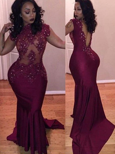 African evening dresses long Burgundy lace appliqué beaded mermaid elegant sexy formal dress 2021