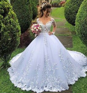 white wedding dresses boho long sleeve lace appliqué beaded elegant princess wedding ball gown