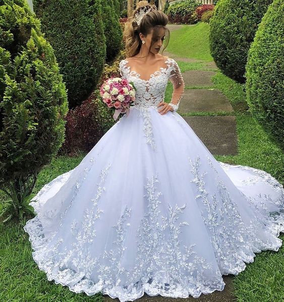 white wedding dresses boho long sleeve lace appliqué beaded elegant princess wedding ball gown