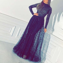 Load image into Gallery viewer, black beaded prom dresses long sleeve high neck a line elegant arabic prom gown vestido de longo