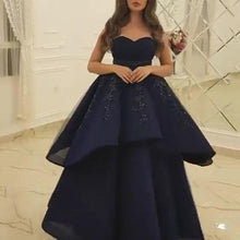 Load image into Gallery viewer, navy blue tiered prom dress ball gown beaded appliqué sweetheart neck arabic elegant prom gown