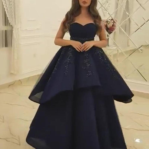 navy blue tiered prom dress ball gown beaded appliqué sweetheart neck arabic elegant prom gown