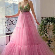 Load image into Gallery viewer, hot pink prom dresses v neck beaded floral spaghetti strap sexy prom gown vestido de fiesta