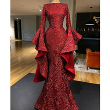 Load image into Gallery viewer, luxury flare sleeve evening dresses long sparkle sequin appliqué Burgundy mermaid evening gown 2020
