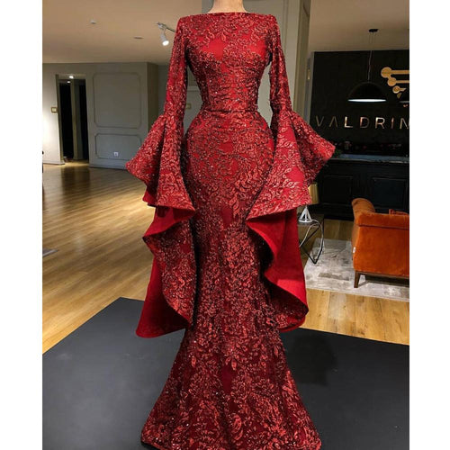 luxury flare sleeve evening dresses long sparkle sequin appliqué Burgundy mermaid evening gown 2020