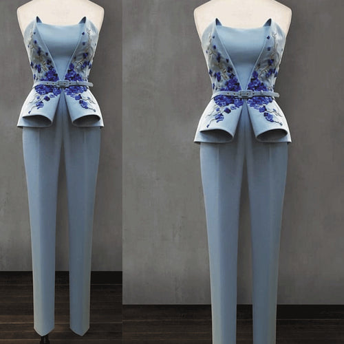 blue jumpsuit for women feather strapless elegant pant suit for weddings  2021 party dresses