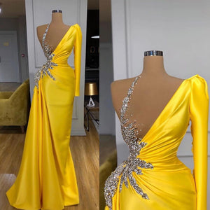 yellow evening dresses for women one shoulder beaded crystals modest sparkly evening gown