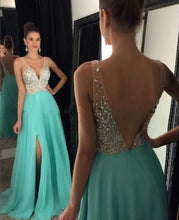 Load image into Gallery viewer, turquoise blue prom dresses 2020 v neck beaded chiffon sleeveless sexy formal prom gown 2021 vestidos