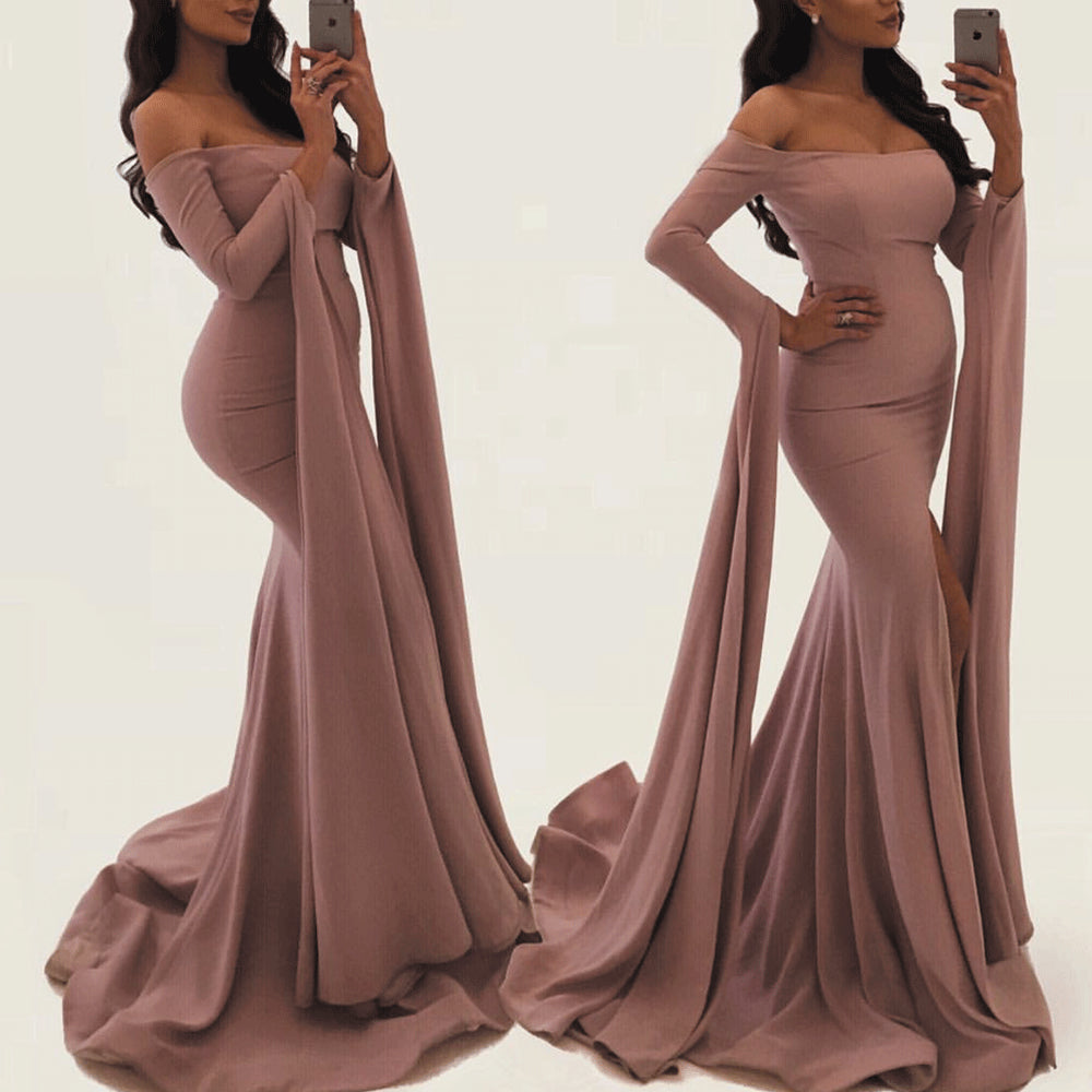 Long Sleeves Pink Maternity Prom Dresses For Photograph Evening