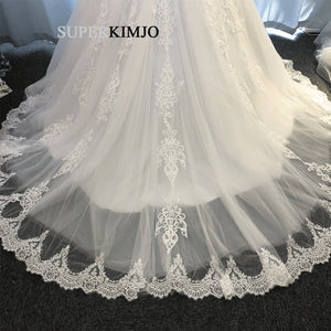 2020 lace applique boho wedding dresses ball gown beaded elegant chapel train luxury bridal dress
