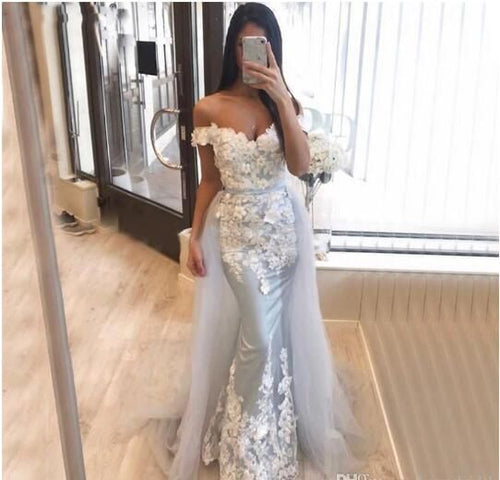 silver evening dresses with detachable skirt lace applique 3d flowers mermaid elegant formal evening gown
