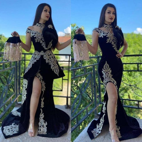 muslim evening dresses long mermaid lace applique elegant vintage black evening formal party dresses