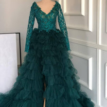 Load image into Gallery viewer, hunter green beaded prom dresses ball gown tiered v neck vintage lace applique elegant prom gown