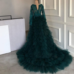 hunter green beaded prom dresses ball gown tiered v neck vintage lace applique elegant prom gown