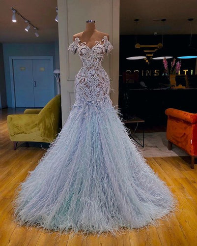 light blue luxury prom dresses feather lace applique real photo vintage prom gown vestido de fiesta