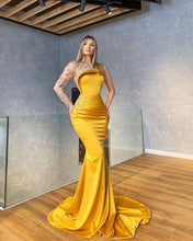Load image into Gallery viewer, vestidos formals elegant yellow evening dresses long sleeve mermaid modest lace applique evening gown