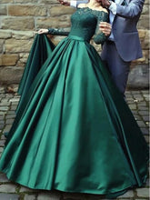 Load image into Gallery viewer, hunter green prom dresses long sleeve lace applique beaded satin elegant prom gown vestido de longo