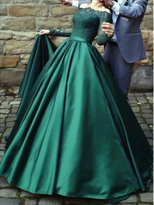 hunter green prom dresses long sleeve lace applique beaded satin elegant prom gown vestido de longo